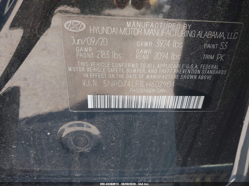 2020 Hyundai Elantra VIN 5NPD74LF1LH602904 IAAI salvage auction — NORMAL WEAR, Sf97 (New Hampshire), sold $4,050 on 2026-07-23 (photo 9)