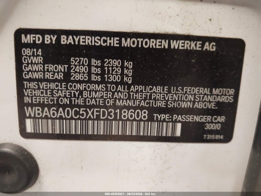 2015 BMW 6er VIN WBA6A0C5XFD318608 IAAI salvage auction — ENGINE DAMAGE, Salvage Title, sold $1,650 on 2026-07-21 (photo 9)