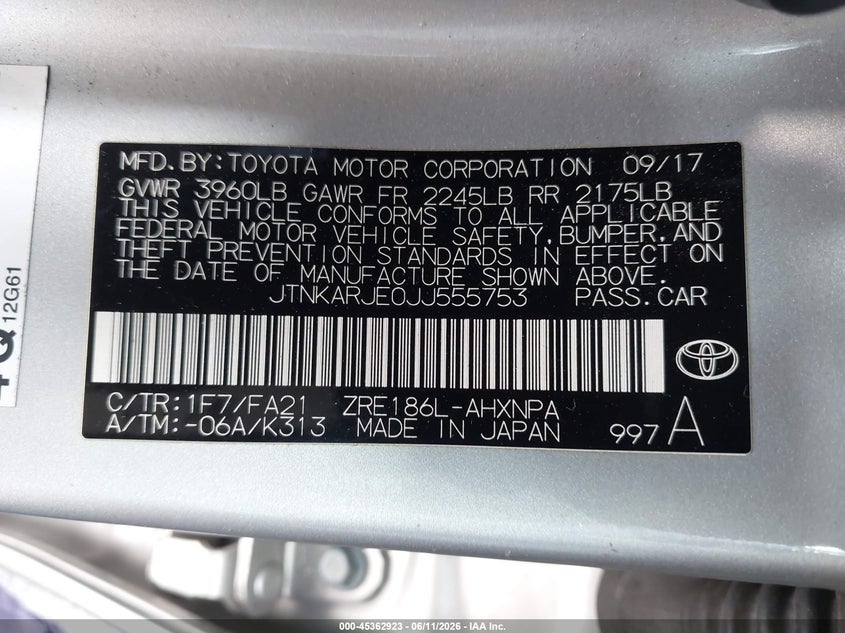 2018 Toyota Corolla VIN JTNKARJE0JJ555753 IAAI salvage auction — FRONT & REAR, Salvage (California), sold $2,075 on 2026-07-16 (photo 9)
