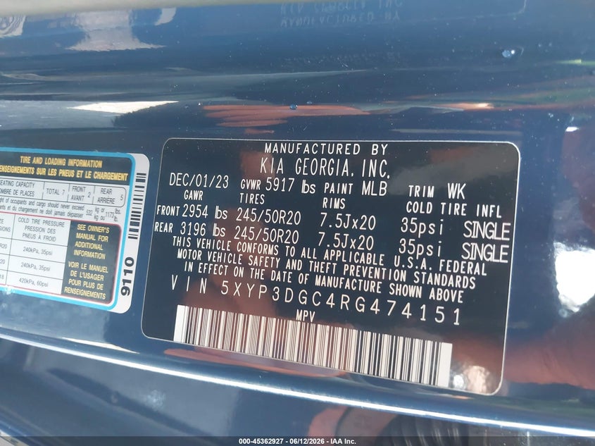 2024 Kia Telluride VIN 5XYP3DGC4RG474151 IAAI salvage auction — RIGHT FRONT, Salvage (Pennsylvania), sold $10,000 on 2026-07-31 (photo 9)