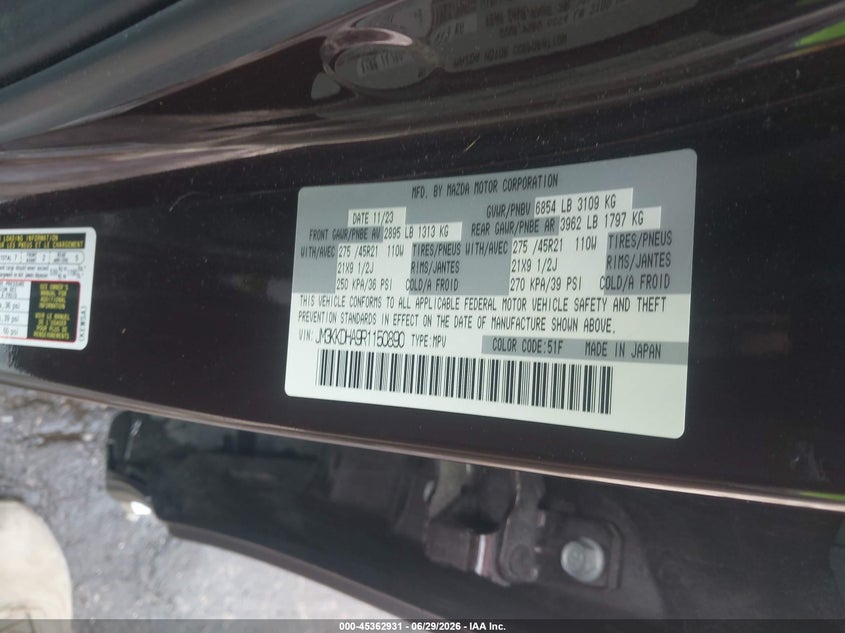 2024 Mazda Cx-90 VIN JM3KKDHA9R1150890 IAAI salvage auction — FRONT END, Salvage (Virginia), sold $16,300 on 2026-07-31 (photo 9)