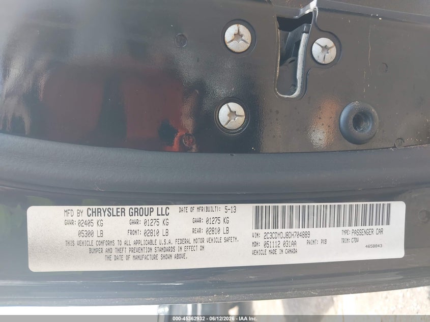 2013 Dodge Challenger VIN 2C3CDYDJ8DH704889 IAAI salvage auction — Burn Interior, Salvage Title, sold $675 on 2026-07-26 (photo 9)