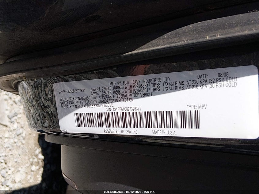 2009 Subaru Outback VIN 4S4BP61C897326371 IAAI salvage auction — FRONT END, Bill Of Sale (Washington), sold $450 on 2026-07-24 (photo 9)