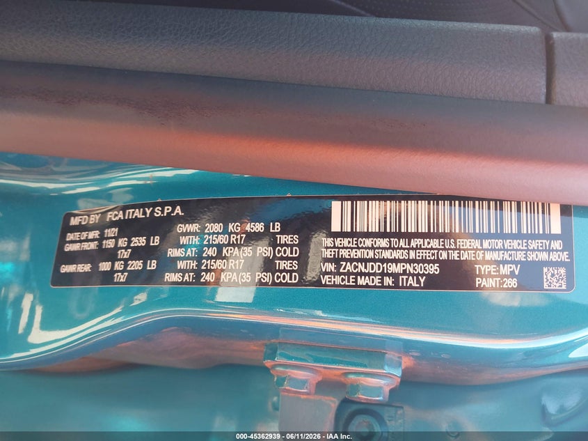 2021 Jeep Renegade VIN ZACNJDD19MPN30395 IAAI salvage auction — FRONT END, Certificate Of Destruction (Florida), sold $3,300 on 2026-07-10 (photo 9)