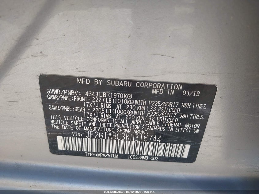 2019 Subaru Xv VIN JF2GTABC3KH316744 IAAI salvage auction — FRONT END, Salvage Title, sold $3,550 on 2026-07-23 (photo 9)