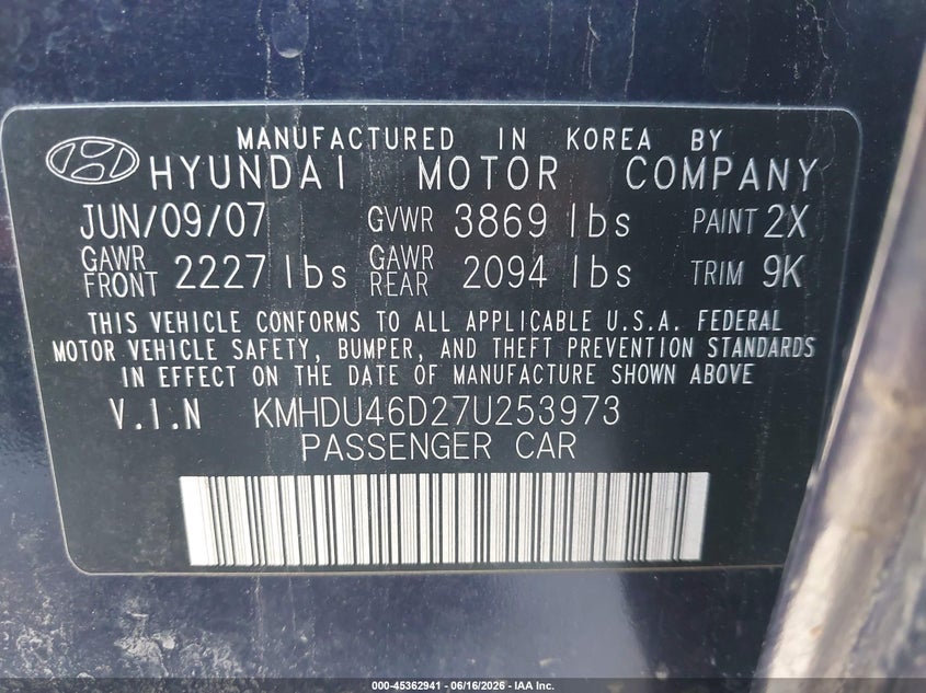 2007 Hyundai Elantra VIN KMHDU46D27U253973 IAAI salvage auction — FRONT END, Salvage (South Carolina), sold $425 on 2026-07-13 (photo 9)