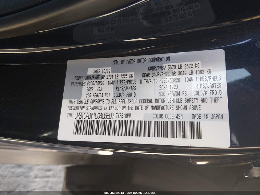 2020 Mazda Cx-9 VIN JM3TCADY1L0403507 IAAI salvage auction — FRONT END, Certificate Of Destruction (Florida), sold $1,250 on 2026-07-10 (photo 9)