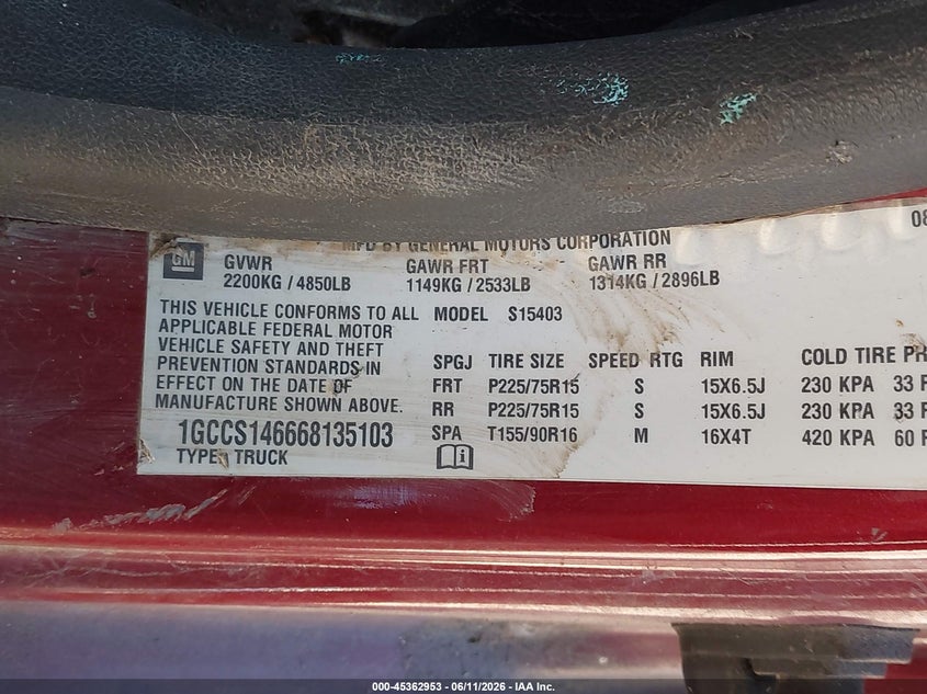 2006 Chevrolet Colorado VIN 1GCCS146668135103 IAAI salvage auction — NORMAL WEAR, Clear - Dealer Only (Kansas), sold $450 on 2026-07-08 (photo 9)