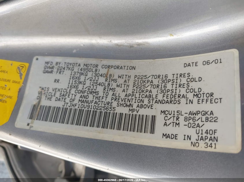 2001 Lexus Rx 300 VIN JTJHF10U910225655 IAAI salvage auction — SIDE, Clear (Arizona), sold $825 on 2026-07-16 (photo 9)