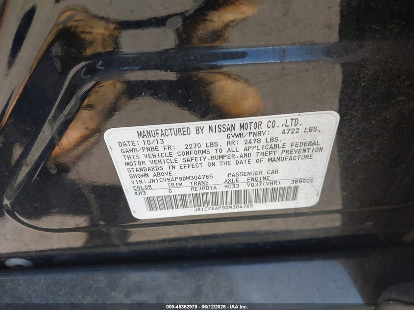 2013 Infiniti G VIN JN1CV6AP9DM304765 IAAI salvage auction — FRONT & REAR, Salvage (Ohio), sold $550 on 2026-07-13 (photo 9)