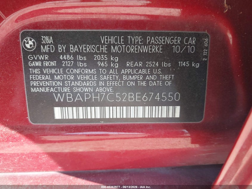 2011 BMW 3 series VIN WBAPH7C52BE674550 IAAI salvage auction — FRONT END, Salvage (Texas), sold $350 on 2026-07-29 (photo 9)