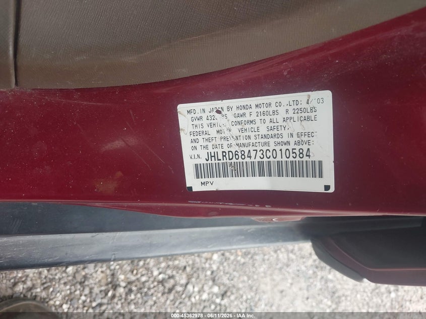 2003 Honda Cr-v VIN JHLRD68473C010584 IAAI salvage auction — NORMAL WEAR, Tribal Title -  Public Restricted (Oklahoma), sold $375 on 2026-07-07 (photo 9)