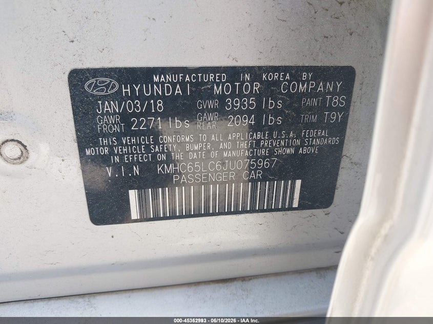2018 Hyundai Ioniq hybrid VIN KMHC65LC6JU075967 IAAI salvage auction — NORMAL WEAR, Sf97 (New Hampshire), sold $6,100 on 2026-07-23 (photo 9)