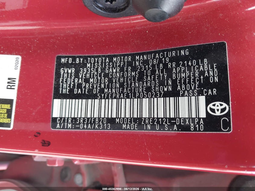 2020 Toyota Corolla VIN 5YFEPRAE1LP050237 IAAI salvage auction — FRONT END, Certificate Of Destruction (Florida), sold $4,100 on 2026-07-06 (photo 9)
