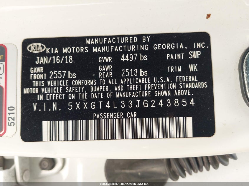 2018 Kia Optima VIN 5XXGT4L33JG243854 IAAI salvage auction — FRONT & REAR, Original (Texas), sold $2,000 on 2026-07-22 (photo 9)