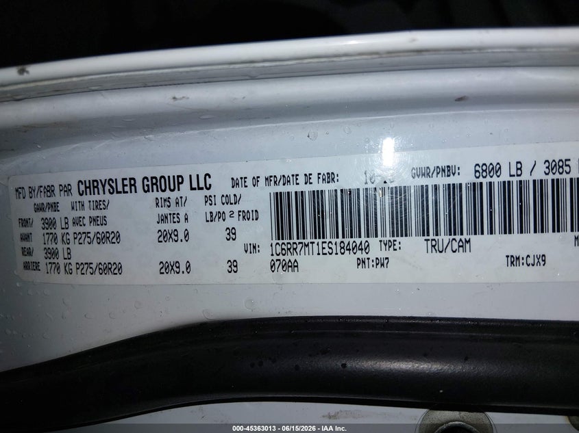 2014 Ram 1500 VIN 1C6RR7MT1ES184040 IAAI salvage auction — FRONT & REAR, Salvage (Idaho), sold $1,300 on 2026-07-10 (photo 9)