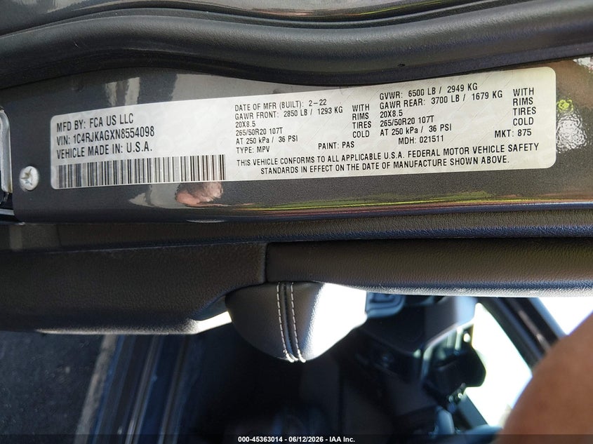 2022 Jeep Grand cherokee VIN 1C4RJKAGXN8554098 IAAI salvage auction — FRONT END, Salvage (Illinois), sold $9,900 on 2026-08-16 (photo 9)