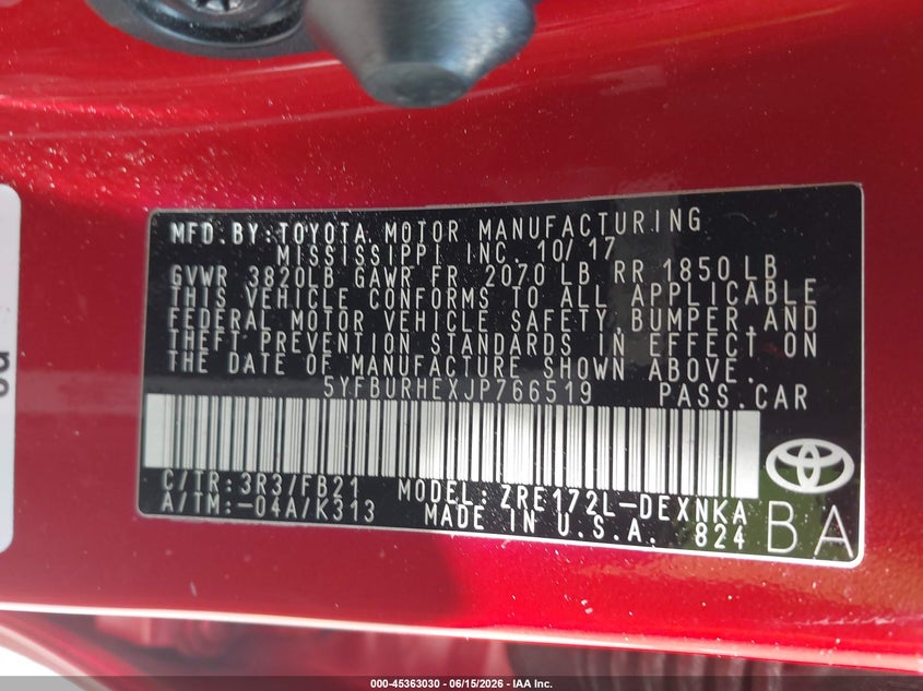 2018 Toyota Corolla VIN 5YFBURHEXJP766519 IAAI salvage auction — FRONT END, Rebuildable (Florida), sold $4,000 on 2026-07-13 (photo 9)