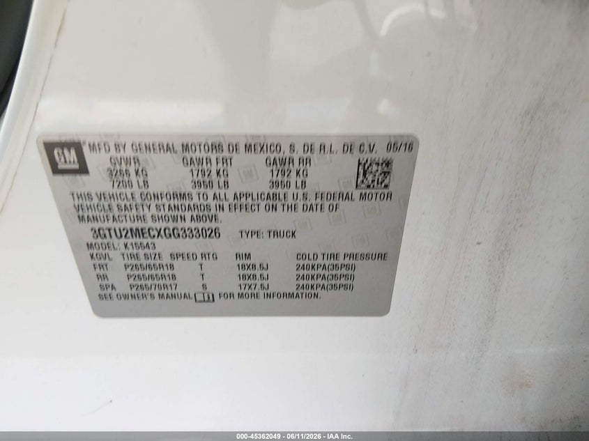 2016 Gmc VIN 3GTU2MECXGG333026 IAAI salvage auction — FRONT END, Salvage Title, sold $1,250 on 2026-08-24 (photo 9)