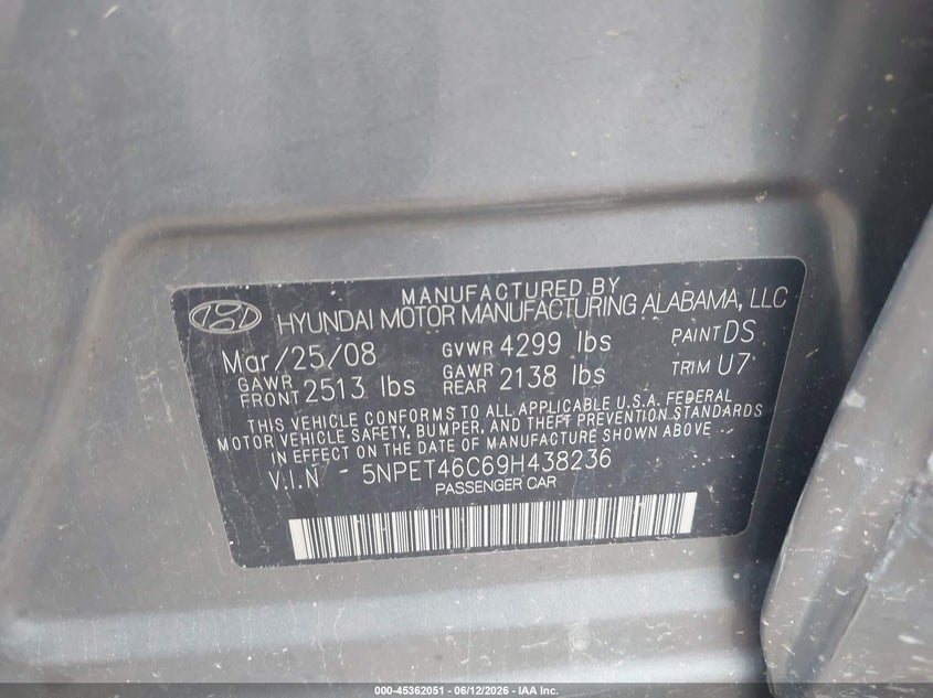 2009 Hyundai Sonata VIN 5NPET46C69H438236 IAAI salvage auction — FRONT END, Salvage (Ohio), sold $300 on 2026-07-14 (photo 9)