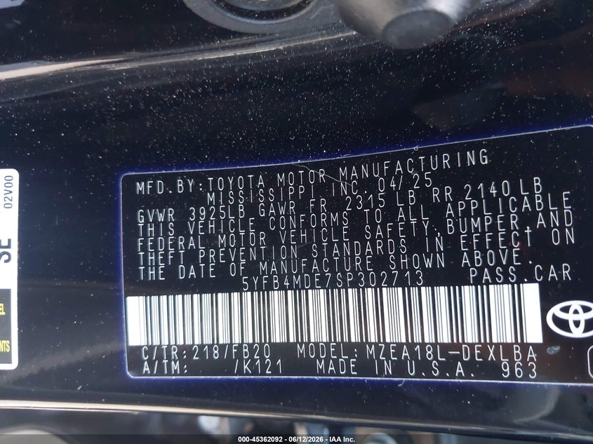 2025 Toyota Corolla VIN 5YFB4MDE7SP302713 IAAI salvage auction — LEFT FRONT, Salvage Title, sold $6,000 on 2026-07-22 (photo 9)