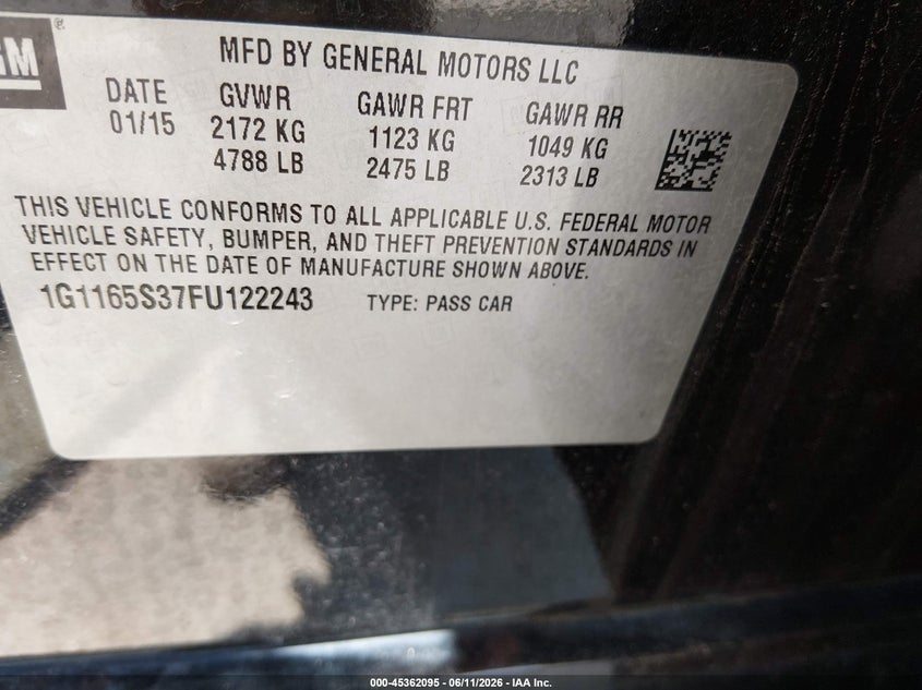 2015 Chevrolet Impala VIN 1G1165S37FU122243 IAAI salvage auction — HAIL, Salvage Title, sold $425 on 2026-07-24 (photo 9)