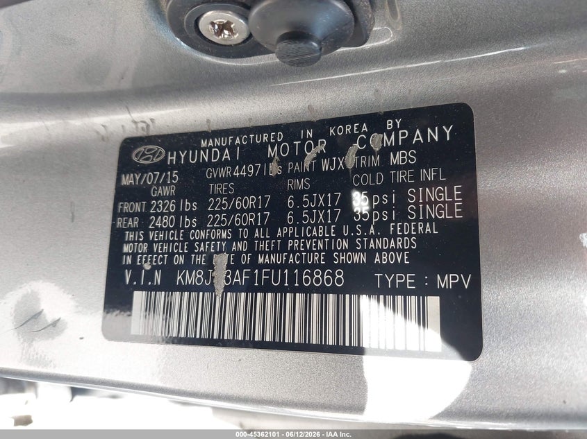 2015 Hyundai Tucson VIN KM8JT3AF1FU116868 IAAI salvage auction — NORMAL WEAR, Clear (Michigan), sold $675 on 2026-07-06 (photo 9)