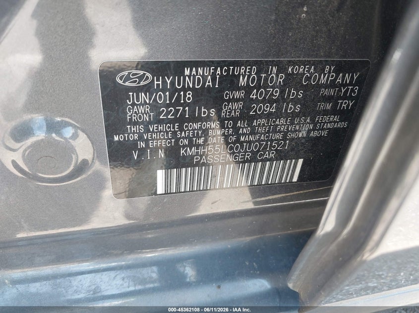 2018 Hyundai VIN KMHH55LC0JU071521 IAAI salvage auction — REAR END, Salvage Title, sold $2,800 on 2026-07-16 (photo 9)