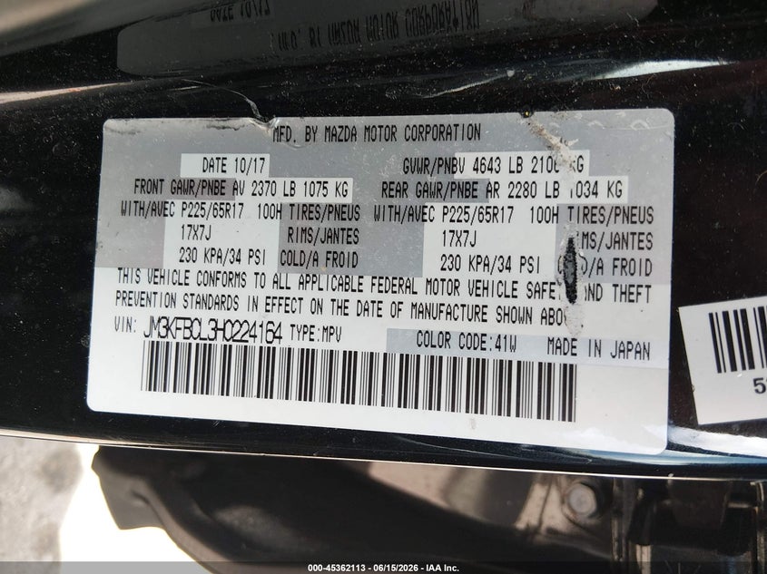 2017 Mazda Cx-5 VIN JM3KFBCL3H0224164 IAAI salvage auction — HAIL, Salvage (Ohio), sold $5,975 on 2026-07-07 (photo 9)