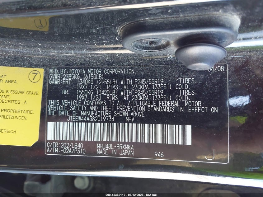 2008 Toyota Highlander hybrid VIN JTEEW44A382019734 IAAI salvage auction — LEFT REAR, Certificate Of Title (Nebraska), sold $875 on 2026-07-09 (photo 9)