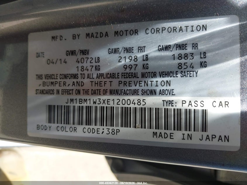2014 Mazda 3 VIN JM1BM1W3XE1200485 IAAI salvage auction — NORMAL WEAR, Clear - Dealer Only (California), sold $550 on 2026-07-15 (photo 9)