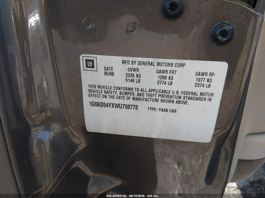 1998 Cadillac De ville VIN 1G6KD54YXWU798778 IAAI salvage auction — NORMAL WEAR, Salvage (Ohio), sold $25 on 2026-07-08 (photo 9)