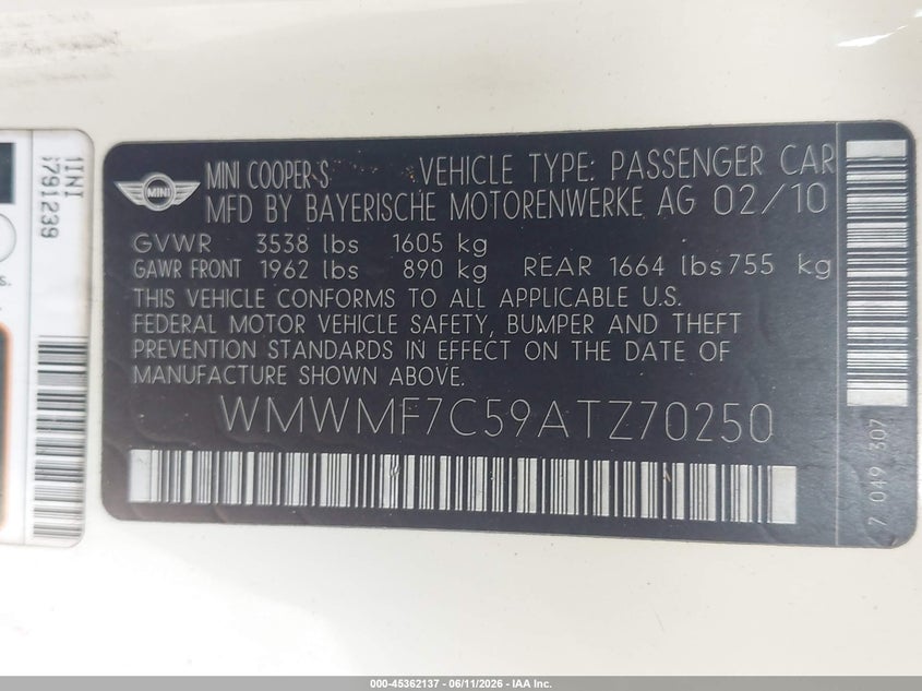 2010 Mini Cooper VIN WMWMF7C59ATZ70250 IAAI salvage auction — NORMAL WEAR, Clear (Florida), sold $500 on 2026-07-21 (photo 9)
