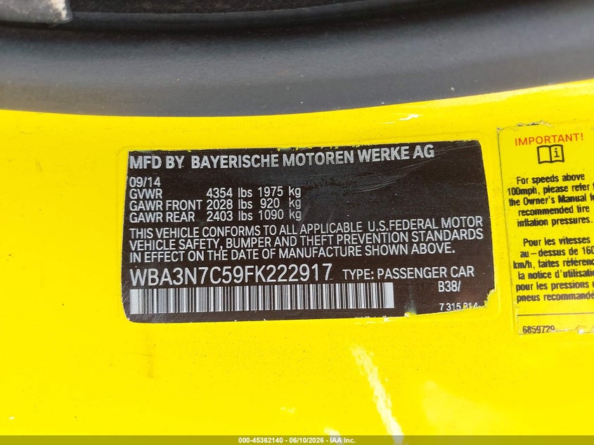 2015 BMW 4er VIN WBA3N7C59FK222917 IAAI salvage auction — NORMAL WEAR, Salvage Title, sold $875 on 2026-09-09 (photo 9)