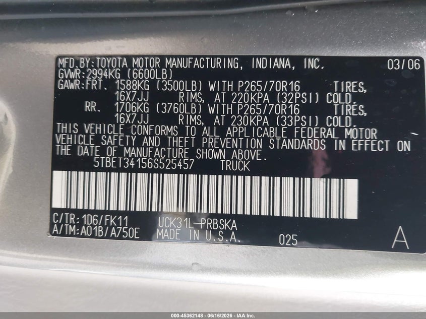 2006 Toyota Tundra VIN 5TBET34156S525457 IAAI salvage auction — LEFT REAR, Salvage (California), sold $4,200 on 2026-07-06 (photo 9)