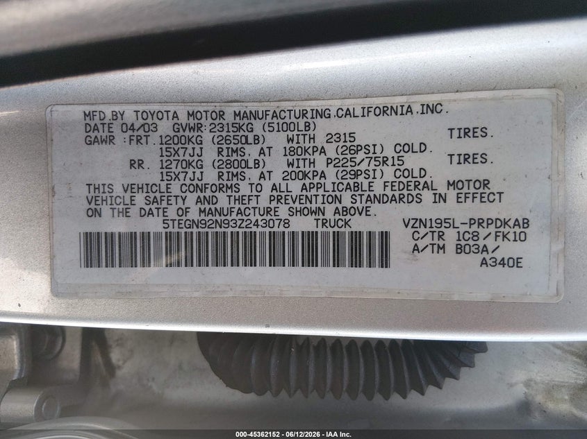 2003 Toyota Tacoma VIN 5TEGN92N93Z243078 IAAI salvage auction — LEFT FRONT, Salvage (California), sold $5,300 on 2026-07-15 (photo 9)