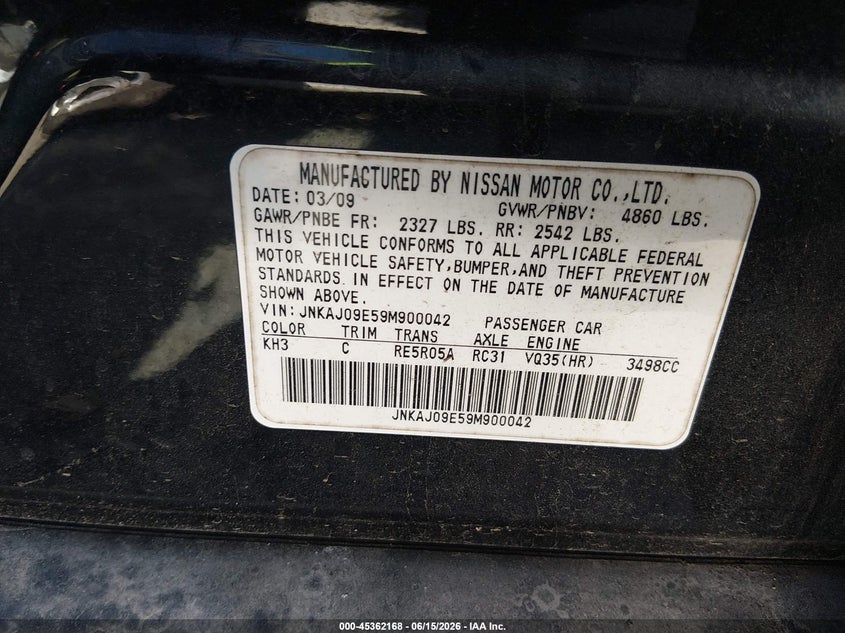 2009 Infiniti Ex35 VIN JNKAJ09E59M900042 IAAI salvage auction — NORMAL WEAR, Clear (Tennessee), sold $25 on 2026-07-23 (photo 9)