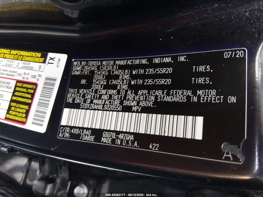 2020 Toyota Highlander VIN 5TDYZRAH8LS020550 IAAI salvage auction — REAR END, Salvage (Mississippi), sold $9,100 on 2026-07-22 (photo 9)