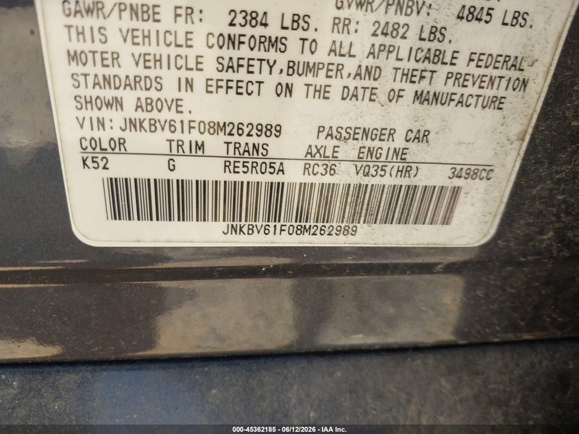 2008 Infiniti G35 VIN JNKBV61F08M262989 IAAI salvage auction — NORMAL WEAR, Clear (Virginia), sold $350 on 2026-07-13 (photo 9)