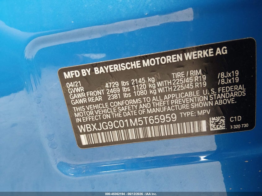 2021 BMW X1 VIN WBXJG9C01M5T65959 IAAI salvage auction — FRONT END, Salvage (Ohio), sold $2,950 on 2026-07-10 (photo 9)