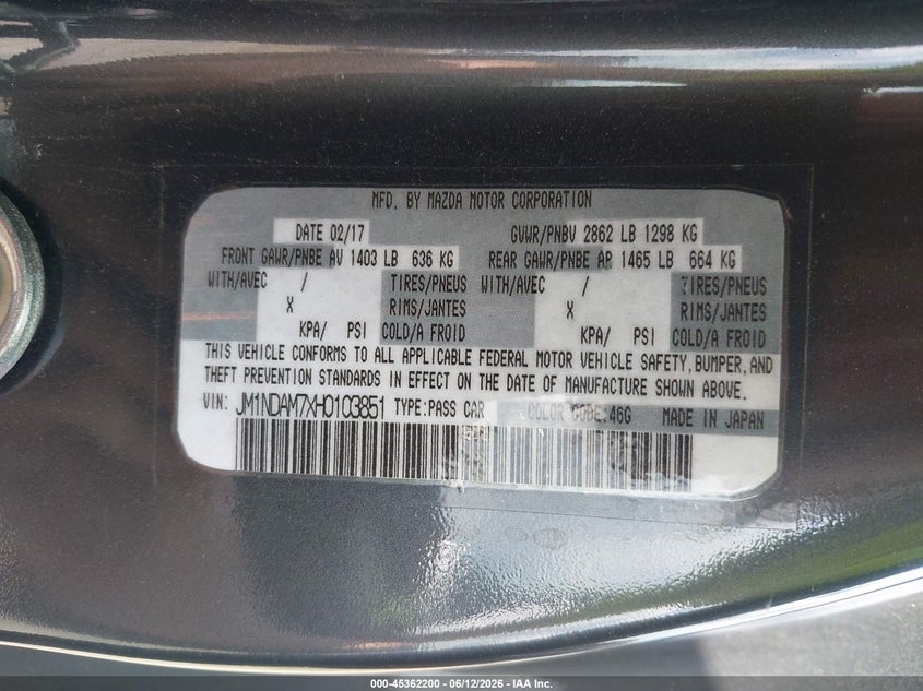 2017 Mazda Mx-5 VIN JM1NDAM7XH0103851 IAAI salvage auction — RIGHT SIDE, Salvage (Virginia), sold $6,550 on 2026-07-07 (photo 9)