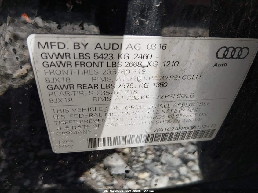 2016 Audi Q5 VIN WA1C2AFP6GA122412 IAAI salvage auction — REAR END, Salvage (West Virginia), sold $2,900 on 2026-07-18 (photo 9)