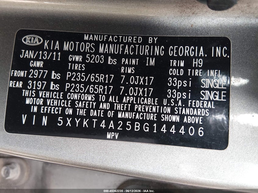 2011 Kia Sorento VIN 5XYKT4A25BG144406 IAAI salvage auction — RIGHT SIDE, Original (Texas), sold $775 on 2026-07-28 (photo 9)