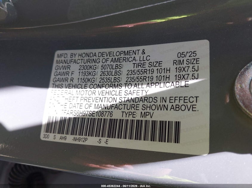 2025 Honda Cr-v VIN 7FARS6H97SE108776 IAAI salvage auction — FRONT END, Salvage Title, sold $3,350 on 2026-07-28 (photo 9)