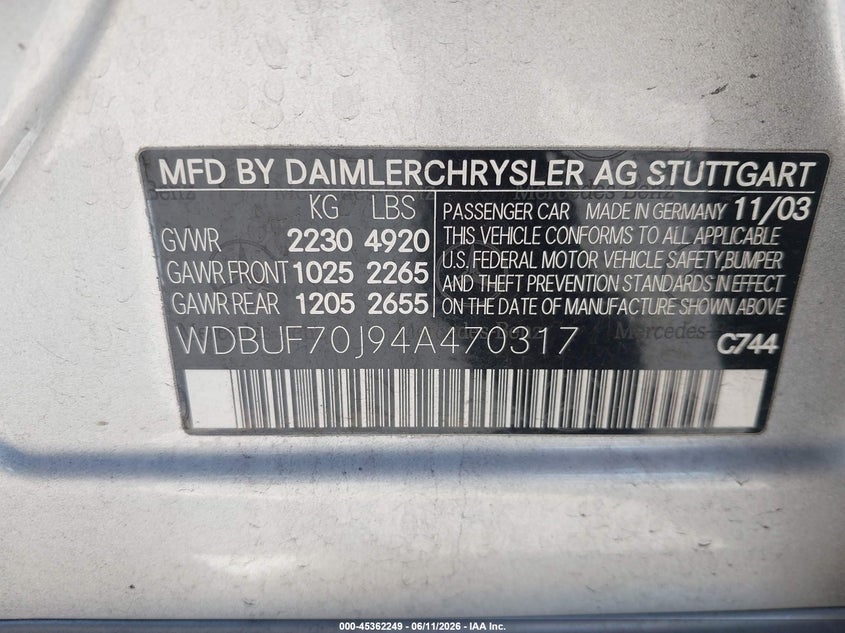 2004 Mercedes-benz E-klasse VIN WDBUF70J94A470317 IAAI salvage auction — FRONT END, Salvage (California), sold $300 on 2026-07-19 (photo 9)