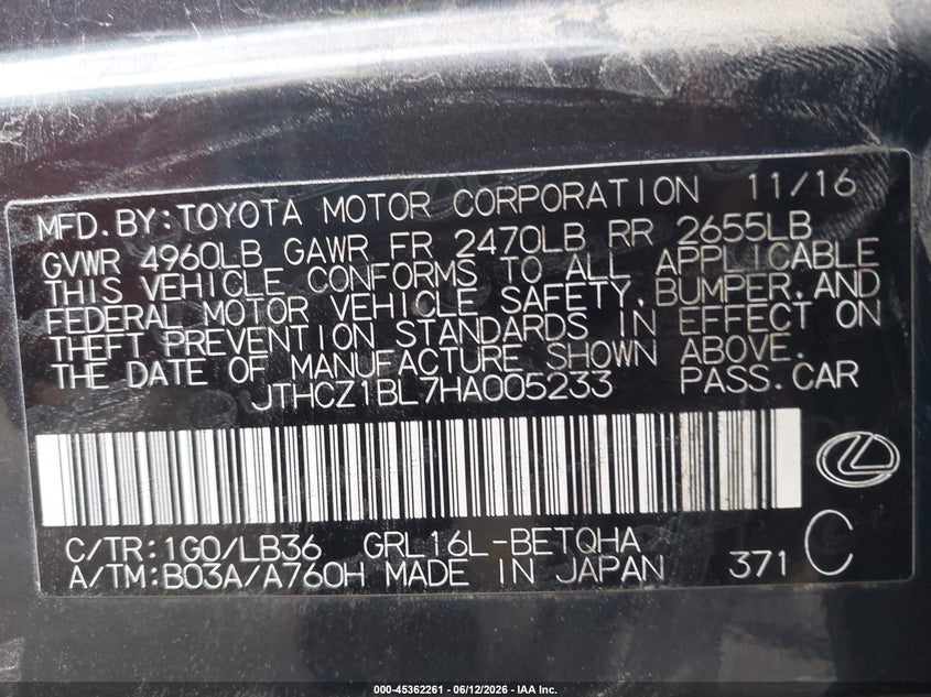 2017 Lexus Gs VIN JTHCZ1BL7HA005233 IAAI salvage auction — REAR END, Salvage Title, sold $6,300 on 2026-08-01 (photo 9)