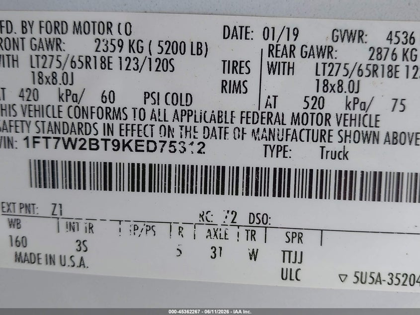2019 Ford F250 VIN 1FT7W2BT9KED75312 IAAI salvage auction — RIGHT FRONT, Salvage (North Carolina), sold $6,750 on 2026-07-18 (photo 9)
