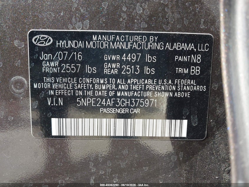 2016 Hyundai Sonata VIN 5NPE24AF3GH375971 IAAI salvage auction — Normal Wear, Clear - Dealer Only (California), sold $2,075 on 2026-06-18 (photo 9)
