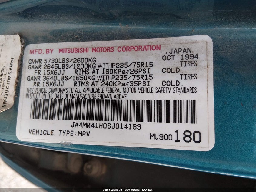 1995 Mitsubishi Montero VIN JA4MR41H0SJ014183 IAAI salvage auction — NORMAL WEAR, Original (Alaska), sold $100 on 2026-08-21 (photo 9)