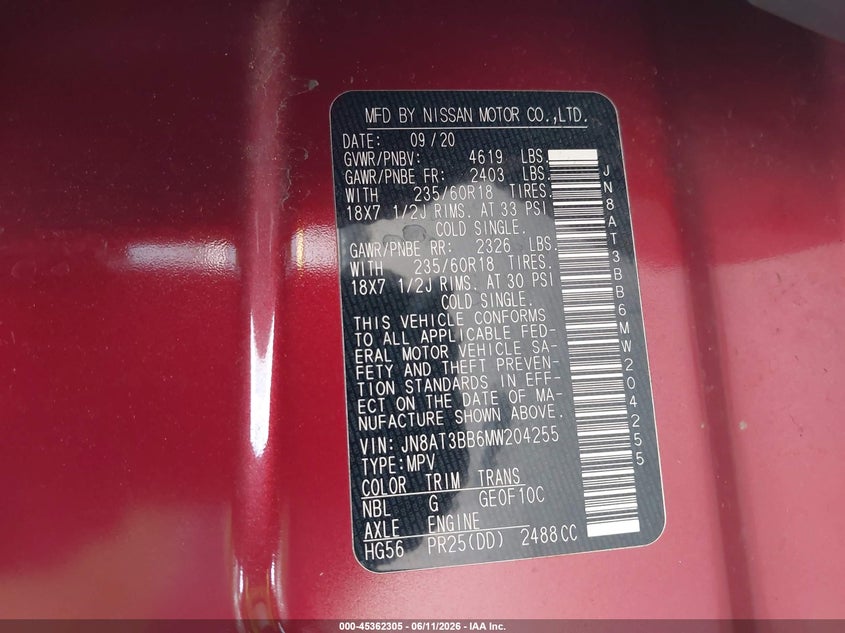 2021 Nissan Rogue VIN JN8AT3BB6MW204255 IAAI salvage auction — FRONT END, Salvage Title, sold $2,950 on 2026-07-14 (photo 9)